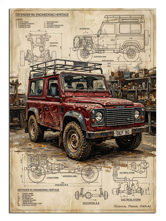 Teknik çizim kağıdı üzerinde kırmızı Land Rover Defender tablosu.