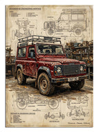 Teknik çizim kağıdı üzerinde kırmızı Land Rover Defender tablosu.