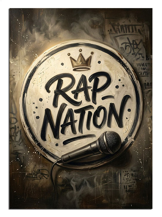 Vintage duvarda RAP NATION yazılı taçlı ve mikrofonlu logo tablosu.