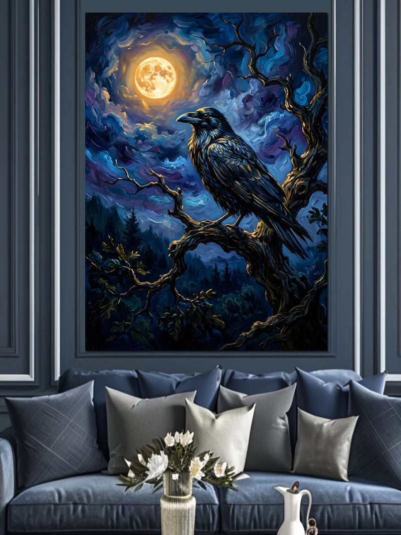 Dolunaylı Dalda Siyah Kuzgun Tablosu Kanvas Tablo