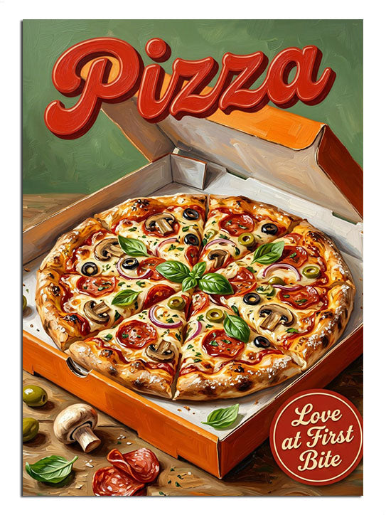 Pizza yazılı açık kutuda dilimlenmiş peynirli pizza afişi tablosu.