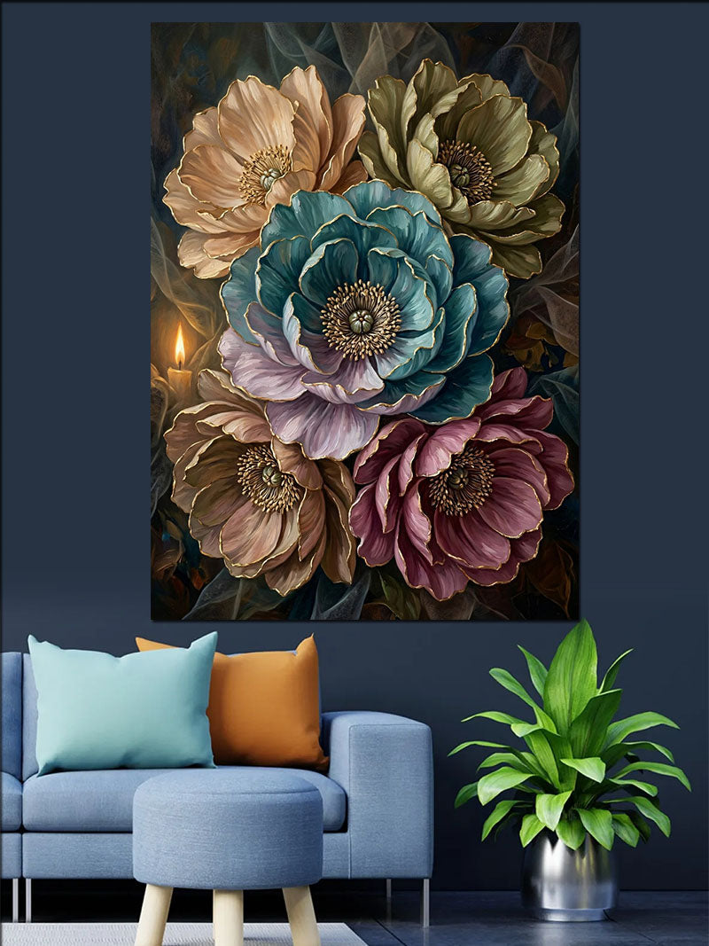 Mum Işıklı Renkli Anemon Buketi Kanvas Tablo