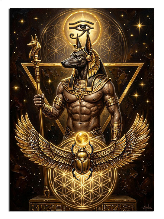 Altın ışıklar içinde Anubis tanrısı, Horus gözü ve kanatlı scarab tablosu.