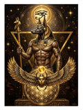 Altın ışıklar içinde Anubis tanrısı, Horus gözü ve kanatlı scarab tablosu.