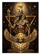 Altın ışıklar içinde Anubis tanrısı, Horus gözü ve kanatlı scarab tablosu.