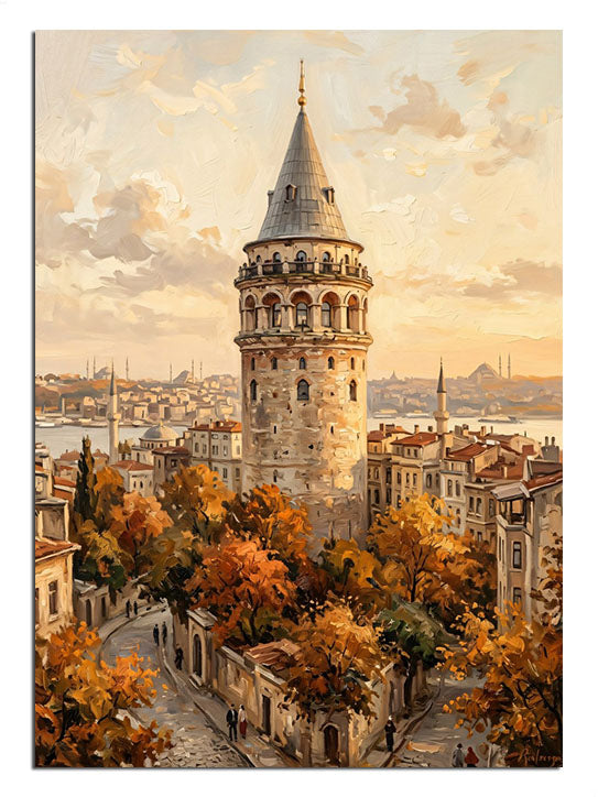 Sonbahar yapraklı sokak ve Galata Kulesi gün batımı manzarası tablosu.
