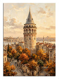 Sonbahar yapraklı sokak ve Galata Kulesi gün batımı manzarası tablosu.