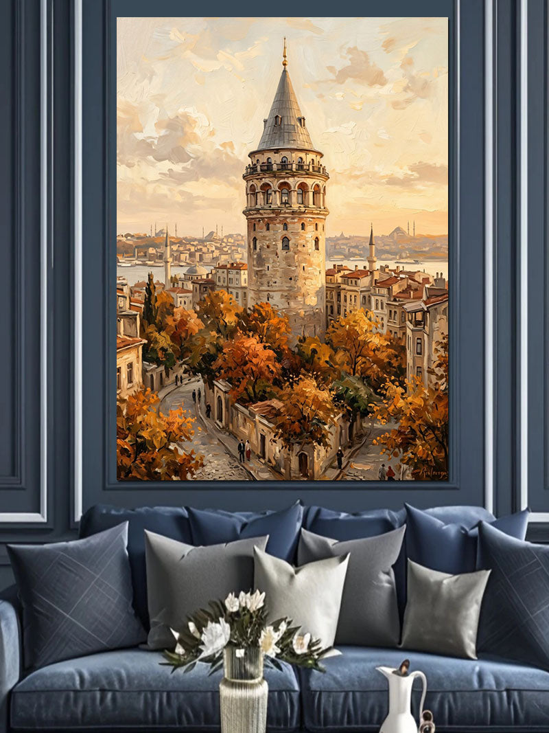 Sonbahar Renkli Galata Kulesi Manzarası Kanvas Tablo