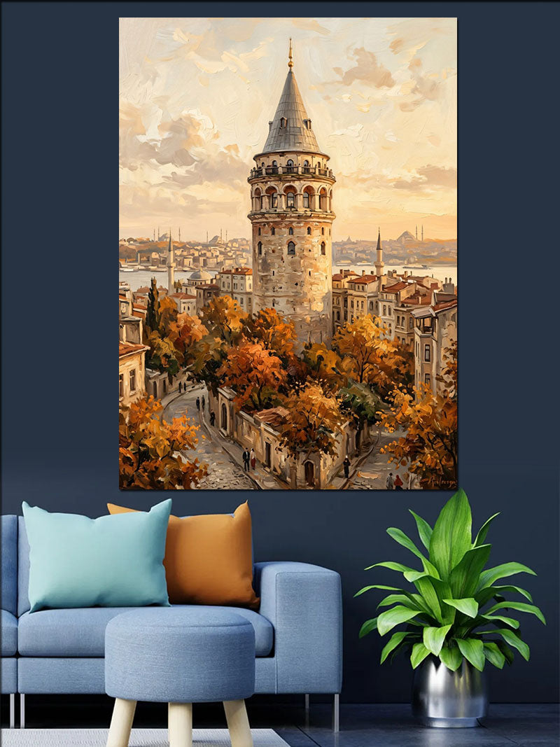 Sonbahar Renkli Galata Kulesi Manzarası Kanvas Tablo