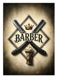 BARBER yazılı çapraz makas ve taçlı berber logosu vintage tabela tablosu.