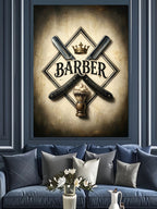 Makaslı Berber Shop Taçlı Logo Kanvas Tablo