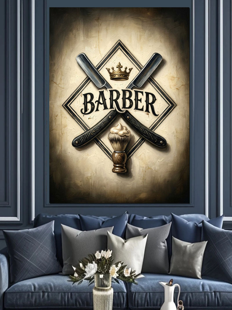 Makaslı Berber Shop Taçlı Logo Kanvas Tablo