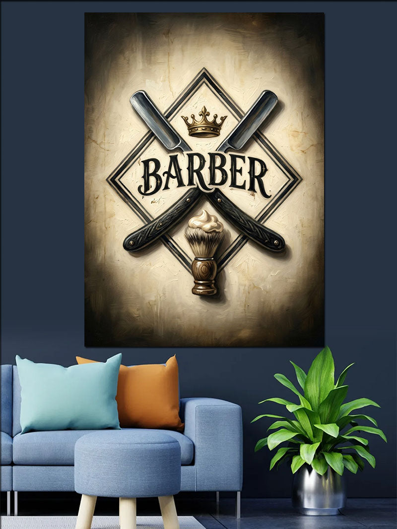 Makaslı Berber Shop Taçlı Logo Kanvas Tablo