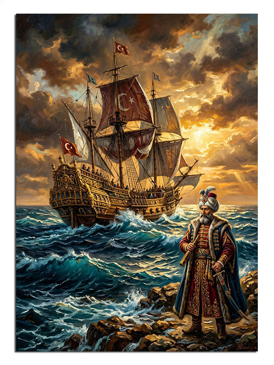 Kayalık üzerinde sultan ve arka planda yelkenli kalyon gün batımı tablosu.