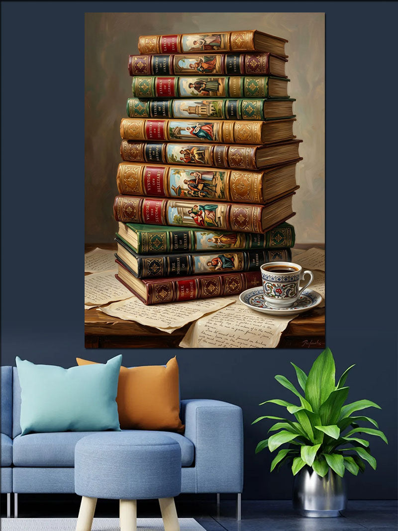 Eski Kitaplar ve Kahve Fincanı Kanvas Tablo