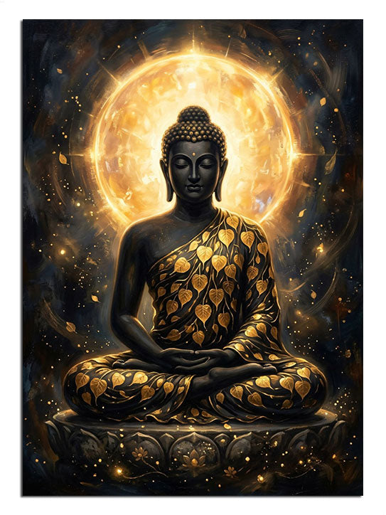 Altın ışık halkalı siyah Buda heykeli meditasyon tablosu.