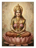 Pembe lotus çiçekleri üzerinde oturan altın taçlı Lakshmi tanrıçası tablosu.