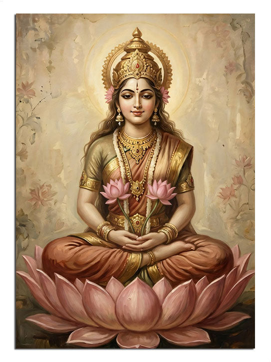 Pembe lotus çiçekleri üzerinde oturan altın taçlı Lakshmi tanrıçası tablosu.