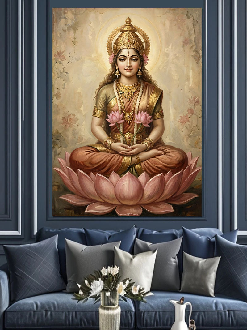 Pembe Lotuslu Altın Tanrıça Lakshmi Kanvas Tablo