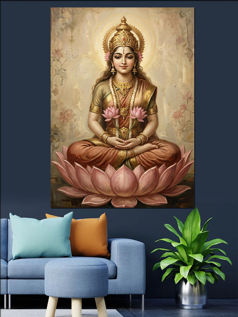 Pembe Lotuslu Altın Tanrıça Lakshmi Kanvas Tablo
