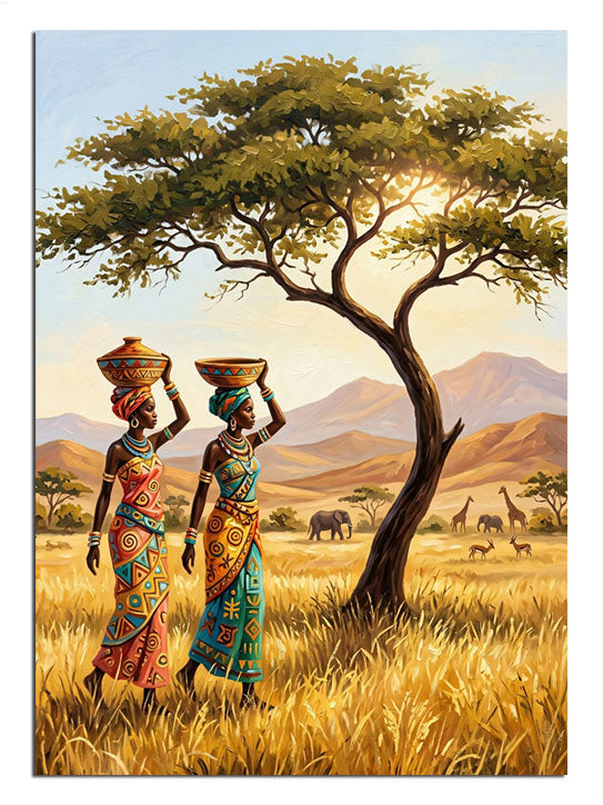 Akasya ağacı altında sepet taşıyan iki Afrikalı kadın manzarası tablosu.