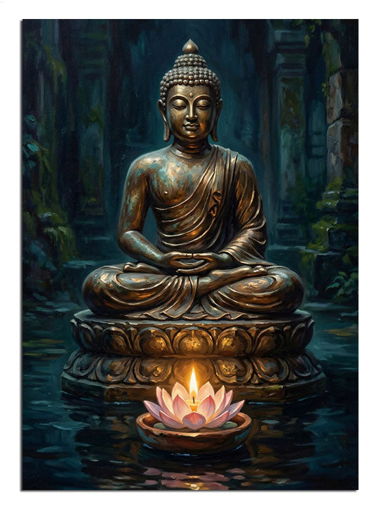 Nilüfer çiçekli suda mum üzerinde meditasyon yapan Buda heykeli tablosu.