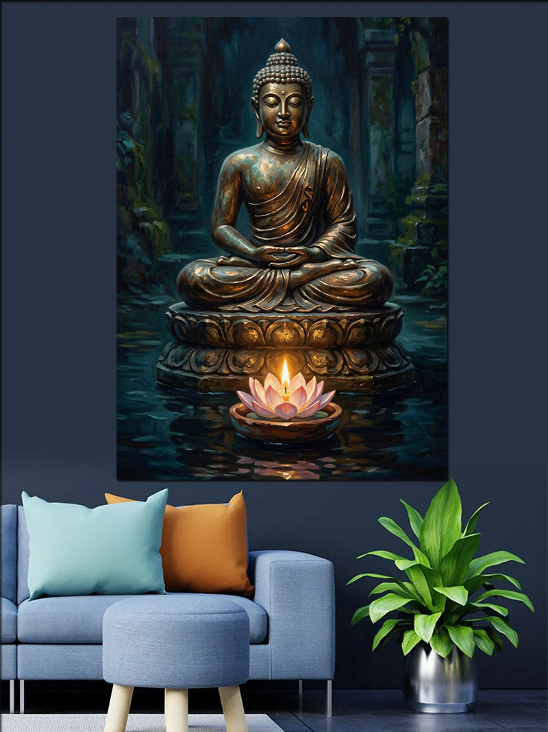 Nilüferli Suda Buda Heykeli Meditasyonu Kanvas Tablo