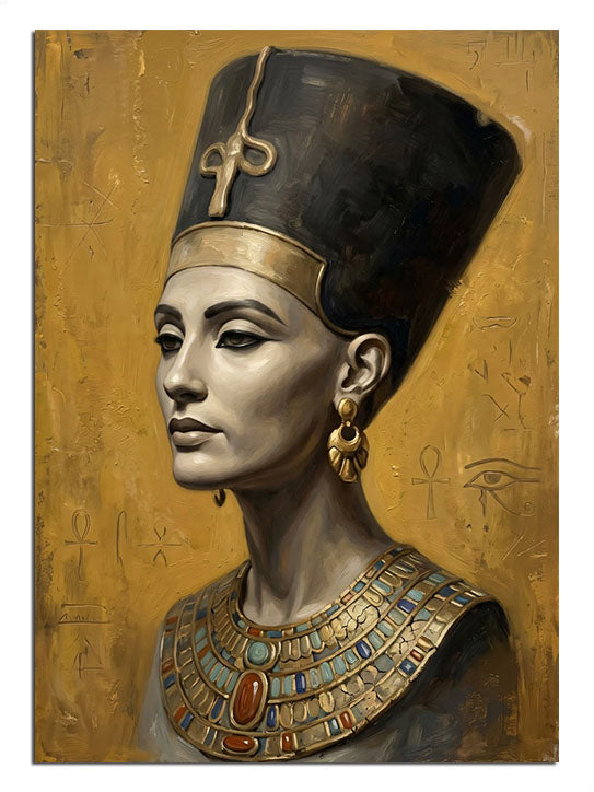 Altın fonda altın takılı Nefertiti kraliçesi portresi tablosu.