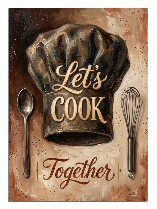 Let's Cook Together yazılı aşçı şapkası, kaşık ve çırpıcı vintage poster tablosu.