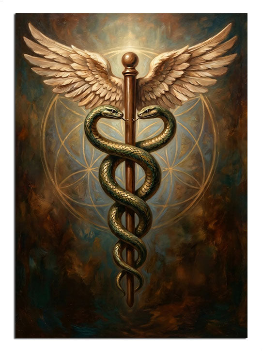 Altın ışıklı fonda kanatlı asa ve yılanlı caduceus tıp sembolü tablosu.