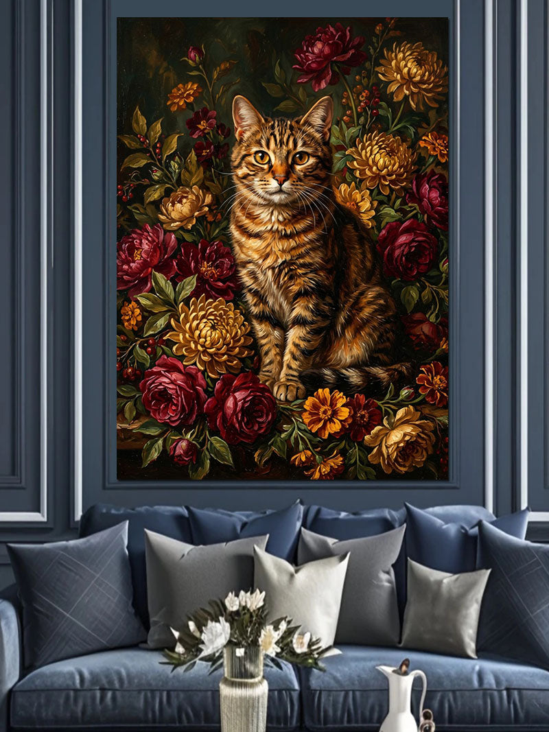 Çiçekler Arasında Sarı Tekir Kedi Kanvas Tablo