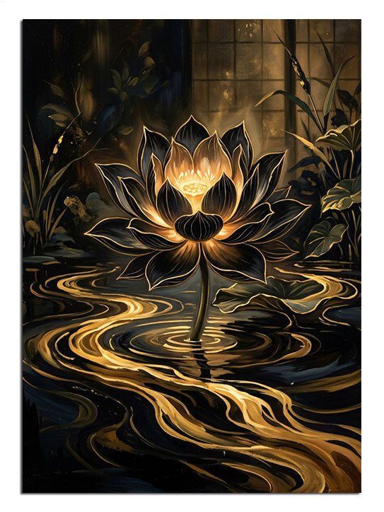 Siyah fonda altın ışıklı lotus çiçeği ve altın su dalgaları tablosu.