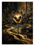 Siyah fonda altın ışıklı lotus çiçeği ve altın su dalgaları tablosu.