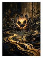 Siyah fonda altın ışıklı lotus çiçeği ve altın su dalgaları tablosu.