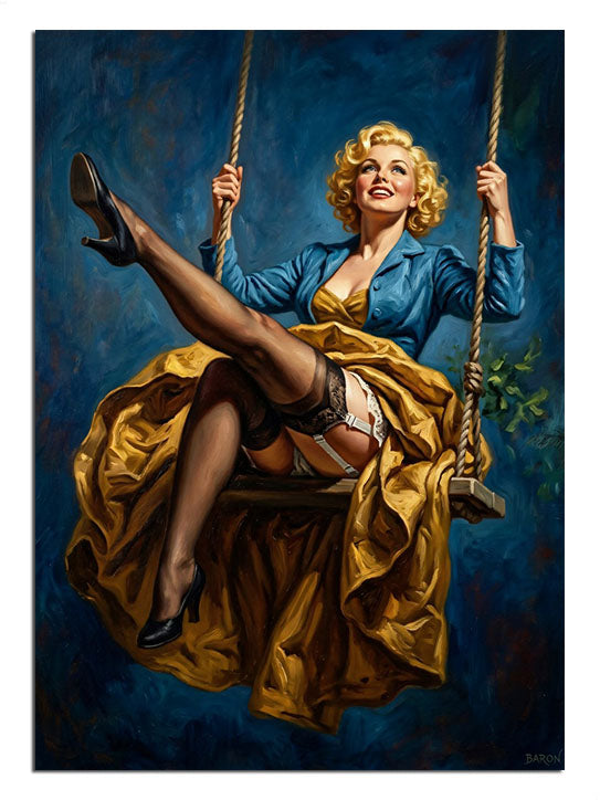 Salıncakta bacakları havada sarı elbiseli sallanan Marilyn Monroe tablosu.