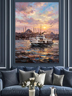 İstanbul Boğazında Vapur Gün Batımı Kanvas Tablo