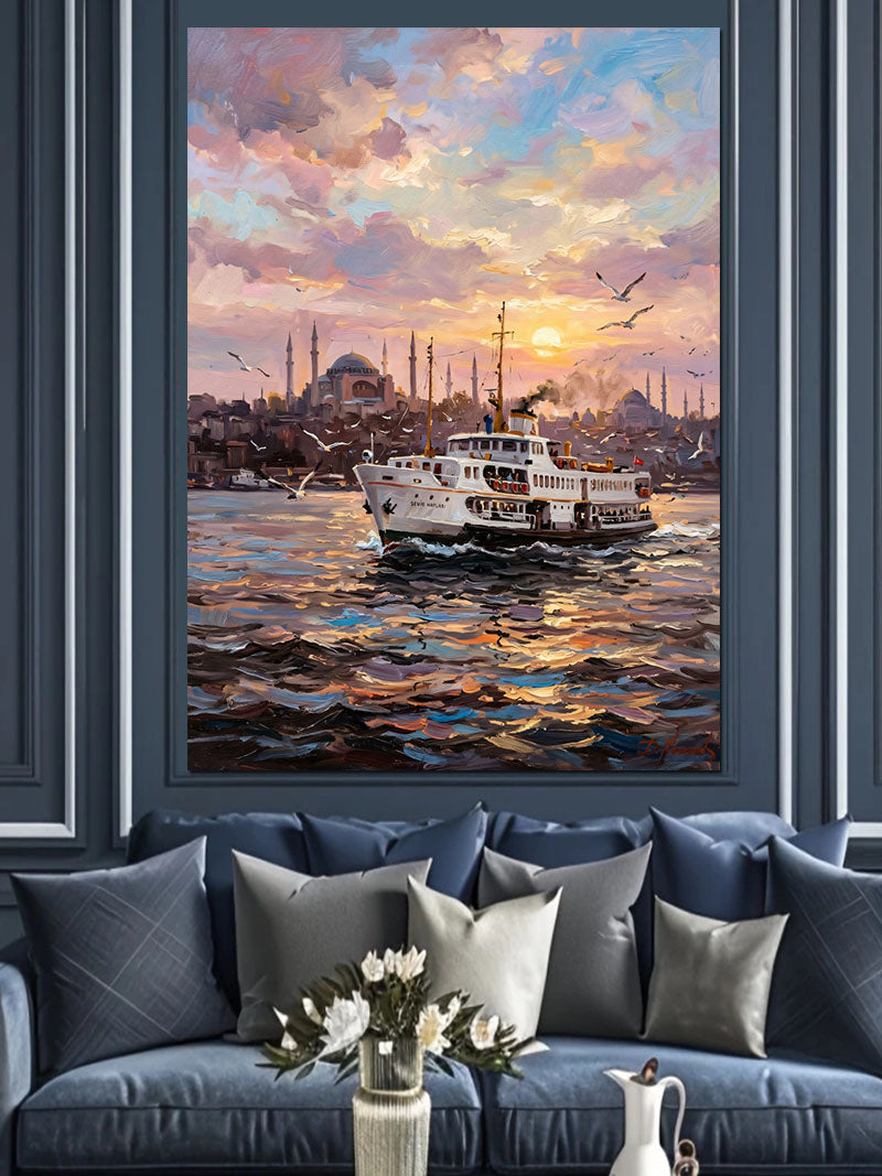 İstanbul Boğazında Vapur Gün Batımı Kanvas Tablo