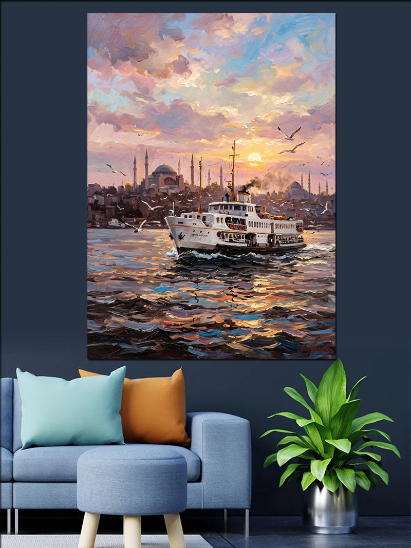 İstanbul Boğazında Vapur Gün Batımı Kanvas Tablo