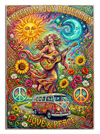 LOVE & PEACE yazılı güneş, gitarlı kız ve VW karavan hippie posteri tablosu.