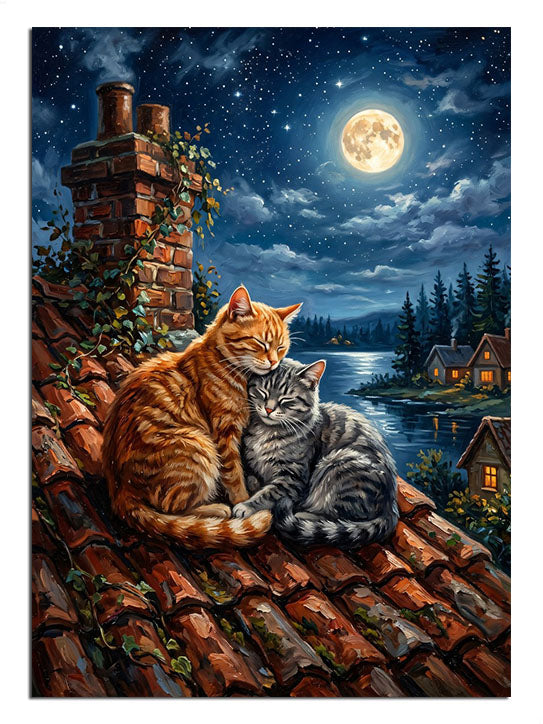 Kiremit çatıda dolunay altında sarılan iki kedi manzarası tablosu.