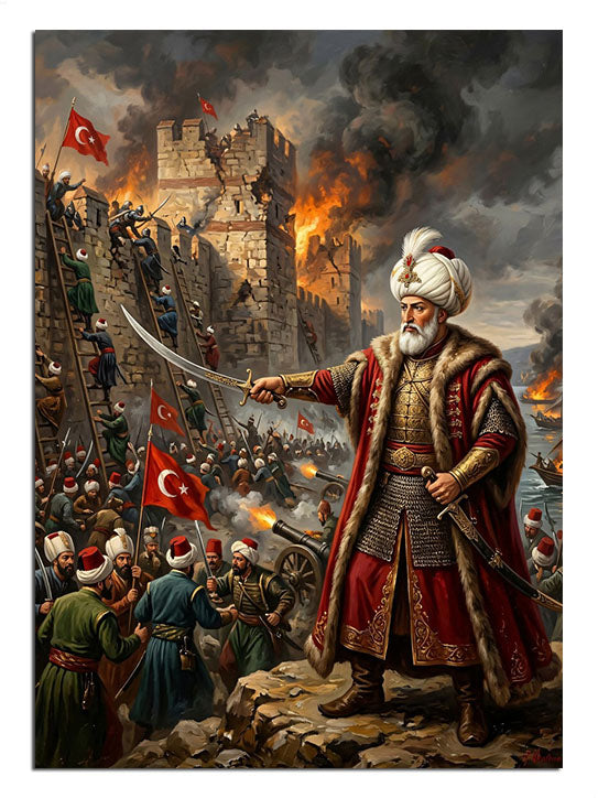 Yanan kalede kılıcıyla askerlere komut veren Osmanlı padişahı tablosu.