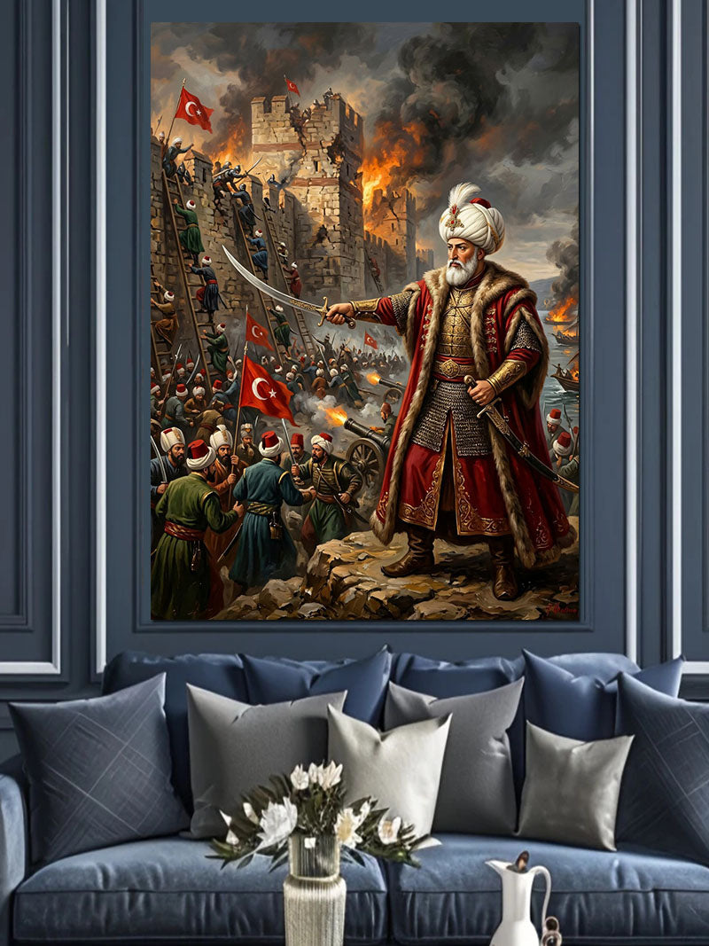 Kılıçlı Osmanlı Padişahı Savaş Meydanı Kanvas Tablo