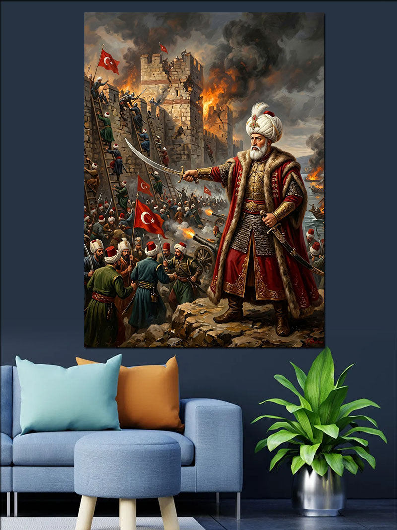 Kılıçlı Osmanlı Padişahı Savaş Meydanı Kanvas Tablo