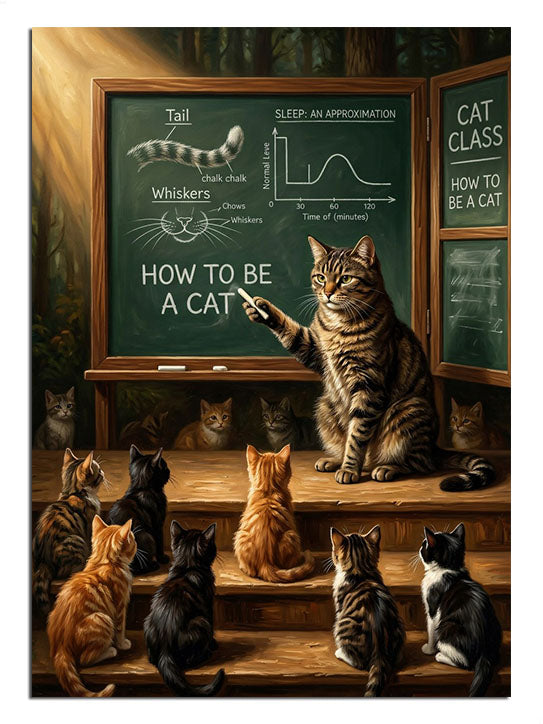 Kara tahta önünde ders anlatan kedi ve oturan yavru kediler mizahi tablo.