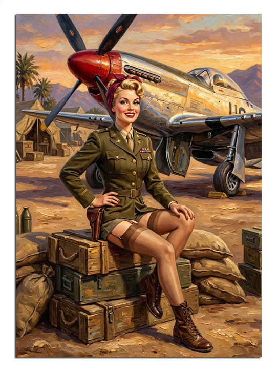 Savaş uçağı önünde askeri üniformalı pin-up kadın tablosu.