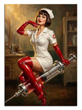 Dev şırınga üzerinde oturan beyaz ve kırmızı hemşire pin-up kadın tablosu.