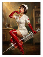 Dev şırınga üzerinde oturan beyaz ve kırmızı hemşire pin-up kadın tablosu.