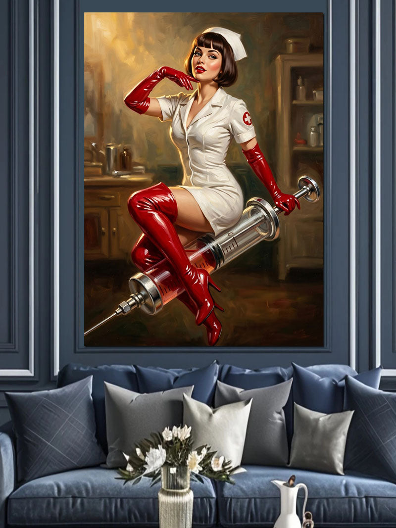 Dev Şırıngalı Pin-up Hemşire Kadın Kanvas Tablo