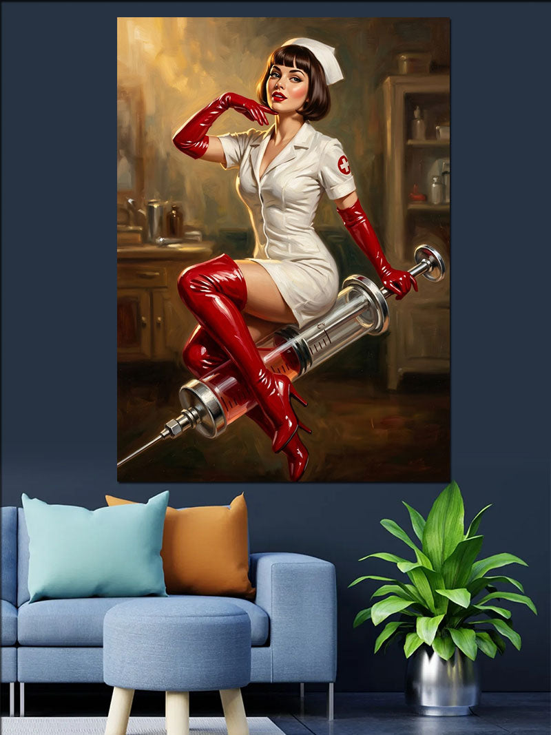 Dev Şırıngalı Pin-up Hemşire Kadın Kanvas Tablo