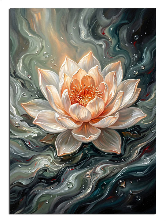 Gri dalgalı su üzerinde yüzen beyaz lotus çiçeği tablosu.